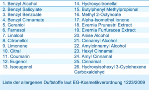 Tabelle der 26 allergenen Duftstoffe der Kosmetikverordnung